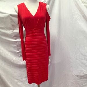 LONDON TIMES Red Open Shoulder Shutter Pleat Dress 10